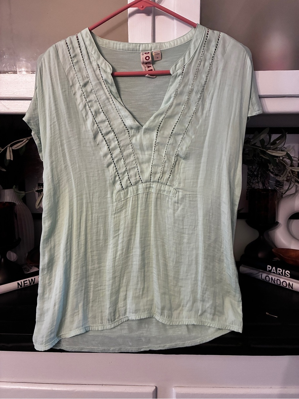 dolan Mint Green V-Neck Embroidered Short Sleeve Blouse